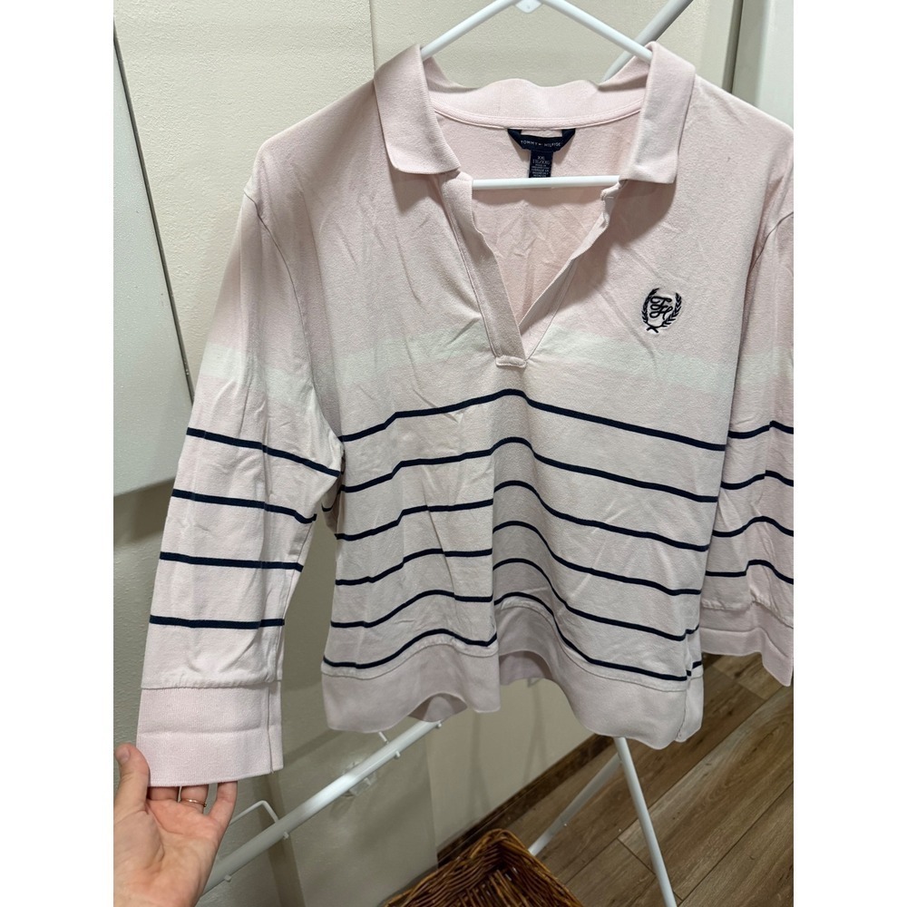 Tommy Hilfiger Womens XXL Pink Navy Blue Striped Long Sleeve Polo Shirt Crest